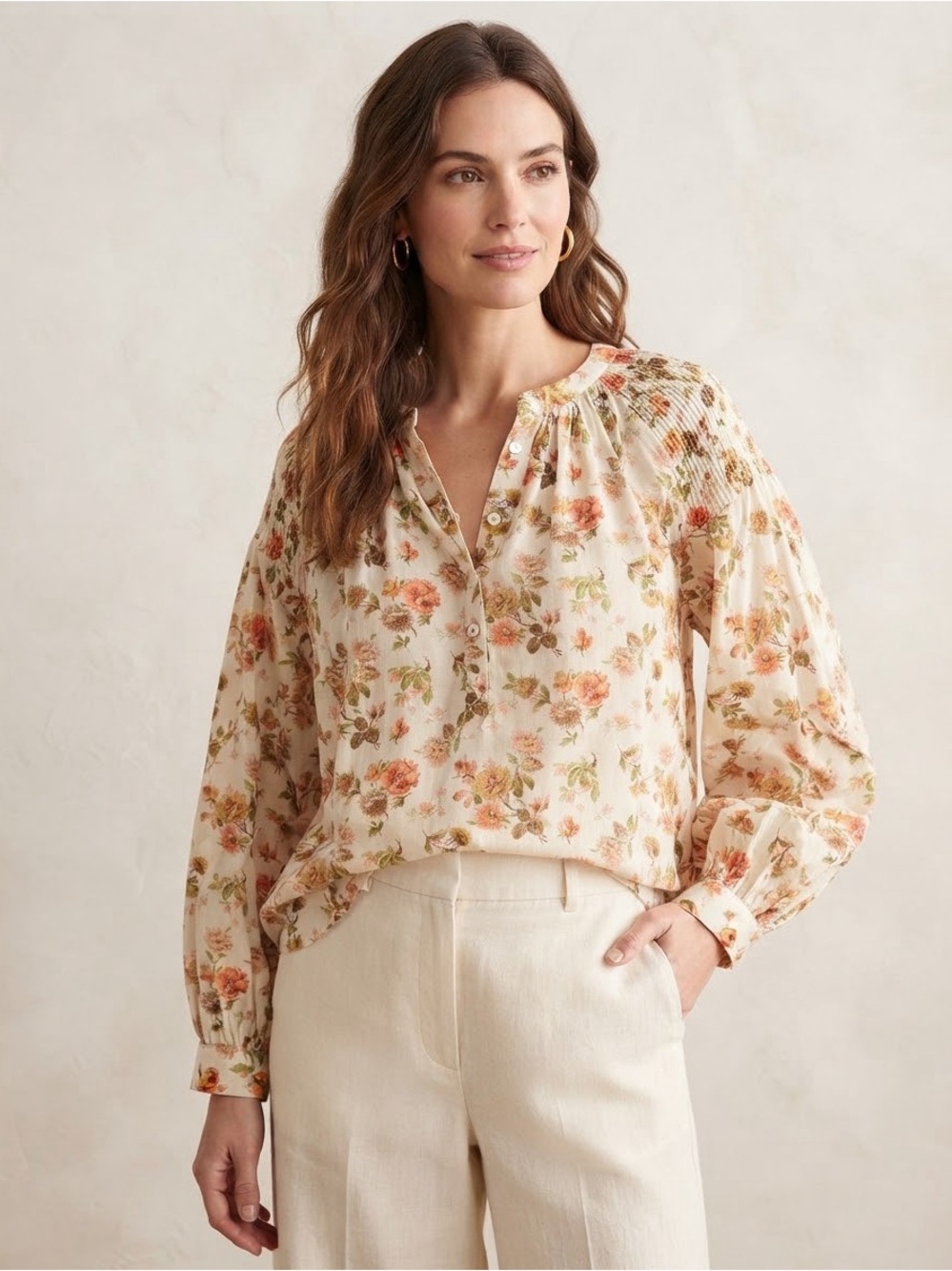 NWT Tuckernuck Cream Autumn Floral Long Sleeve Cotton Blouse Sz XXL